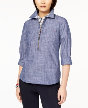 image of Tommy Hilfiger Cotton Chambray Half-Zip Top, Created for Macy-s