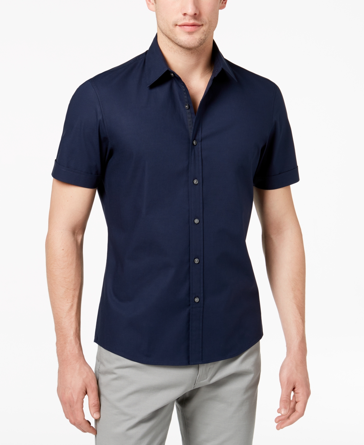 Michael Kors Men's Solid Stretch Button-front Shirt In Dark Blue