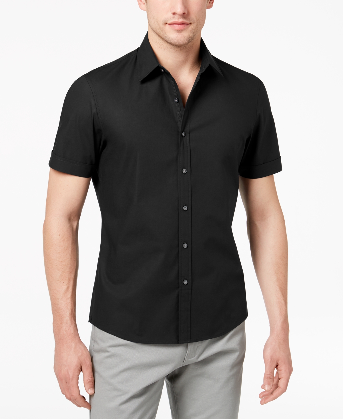 Michael Kors Men's Solid Stretch Button-front Shirt In Black