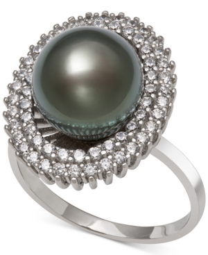 image of Black Cultured Tahitian Pearl (10mm) & Cubic Zirconia Ring in Sterling Silver