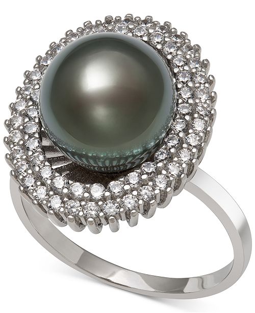 Macy's Black Cultured Tahitian Pearl (10mm) & Cubic Zirconia Ring in ...