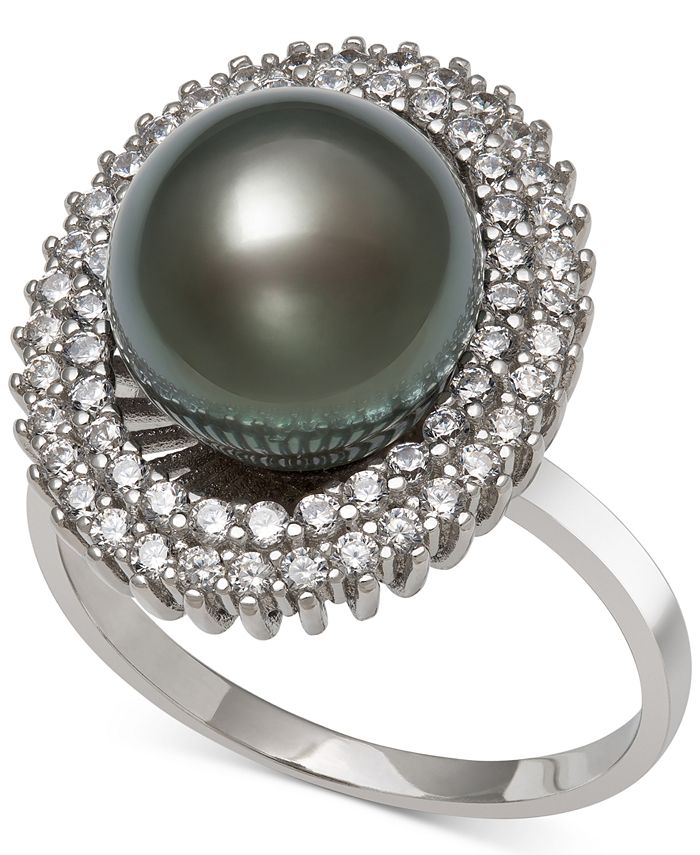 Macy's - Black Cultured Tahitian Pearl (10mm) & Cubic Zirconia Ring in Sterling Silver