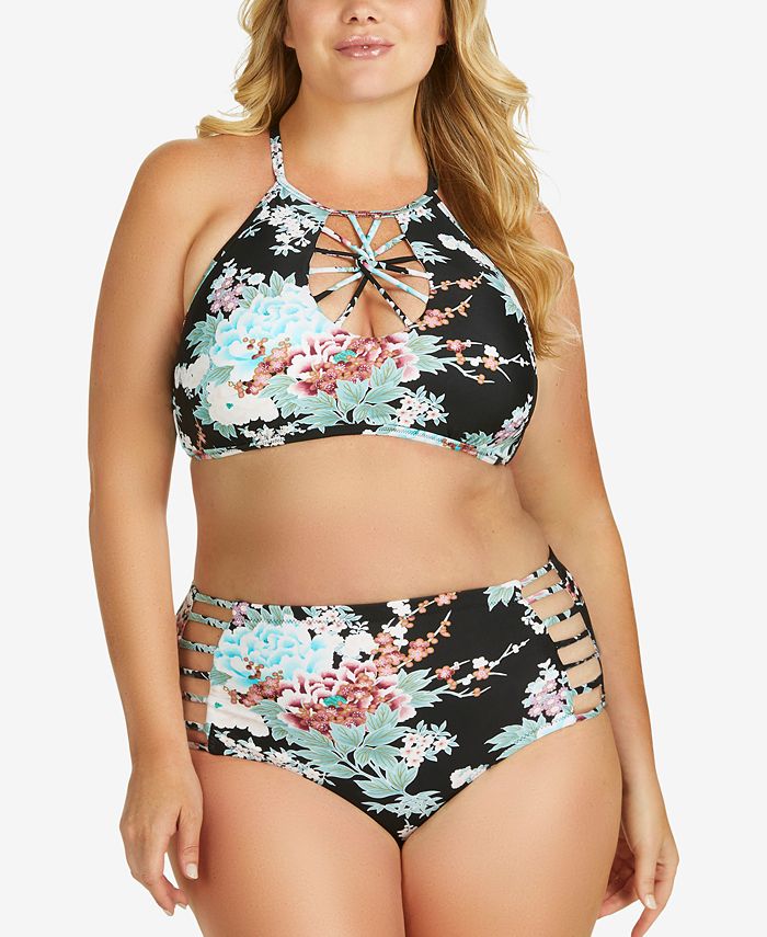 Raisins Curve Trendy Plus Kyoto Printed HighNeck Macaramé Bikini Top