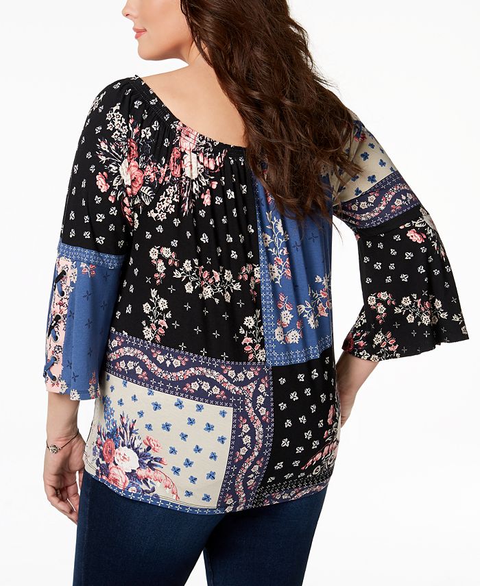 Style & Co Plus Size Patchwork-Print Off-The-Shoulder Lantern-Sleeve ...