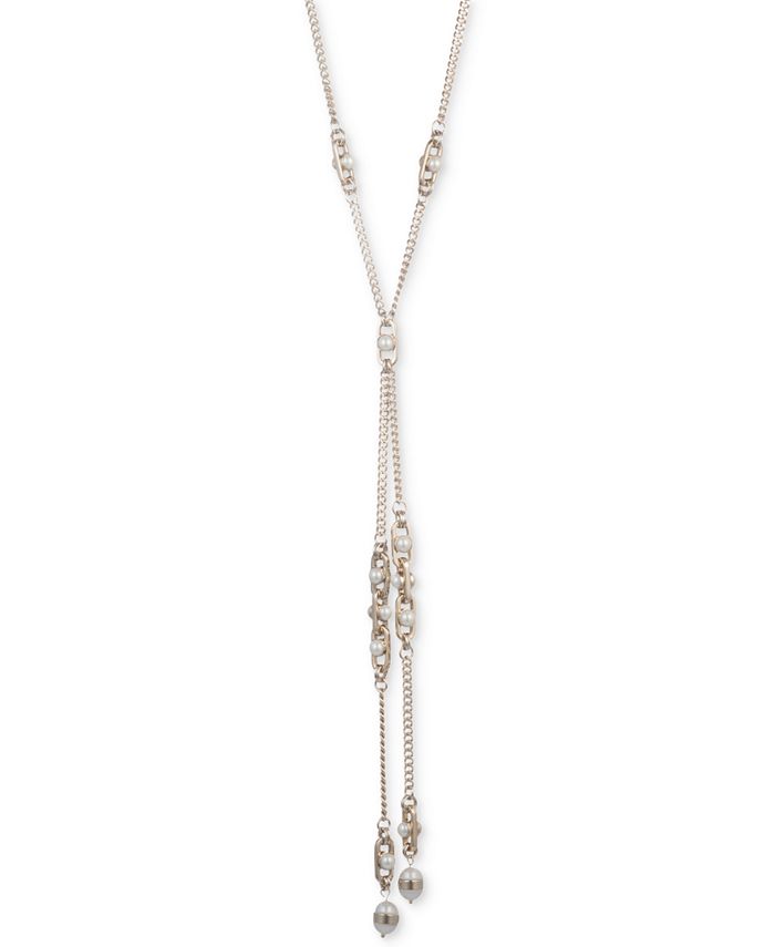 DKNY Gold-Tone Link & Imitation Pearl Lariat Necklace, 24