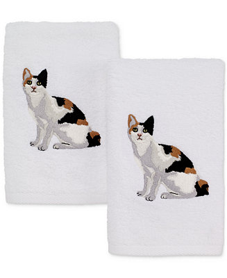 Calico Cat Kitten With Flower Kids Bathroom HAND Towel SET Embroidered Cute 