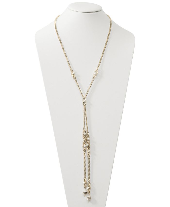 DKNY Gold-Tone Link & Imitation Pearl Lariat Necklace, 24