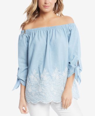Karen Kane - Cotton Embroidered Tie-Sleeve Off-The-Shoulder Top