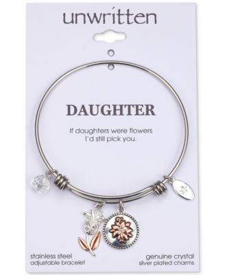 Unwritten - Cubic Zirconia "If Daughters Were Flowers, I'd Still Pick You" Cubic Charm Adjustable Bangle Bracelet in Two-Tone Stainless Steel