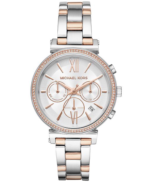Michael Kors Women S Chronograph Sofie Two Tone Stainless Steel Bracelet Watch 39mm Reviews Watches Jewelry Watches Macy S