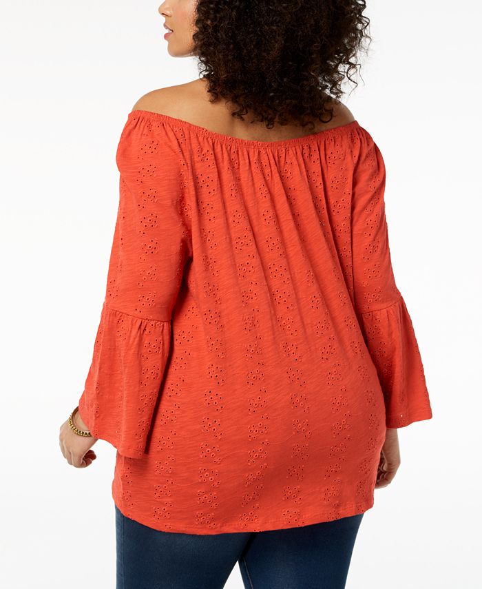 Style & Co Plus Size Cotton Eyelet Off-The-Shoulder Bell-Sleeve Top ...
