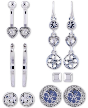 Guess Silver-tone 6-pc. Set Crystal Earrings In Silver