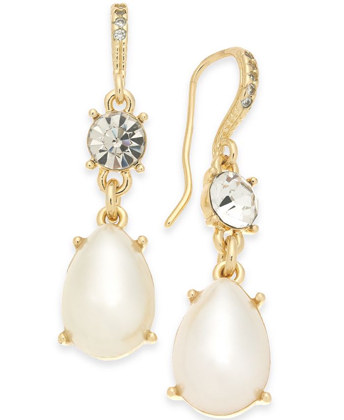 Charter Club Gold-Tone Crystal & Imitation Pearl Drop Earrings, Created ...