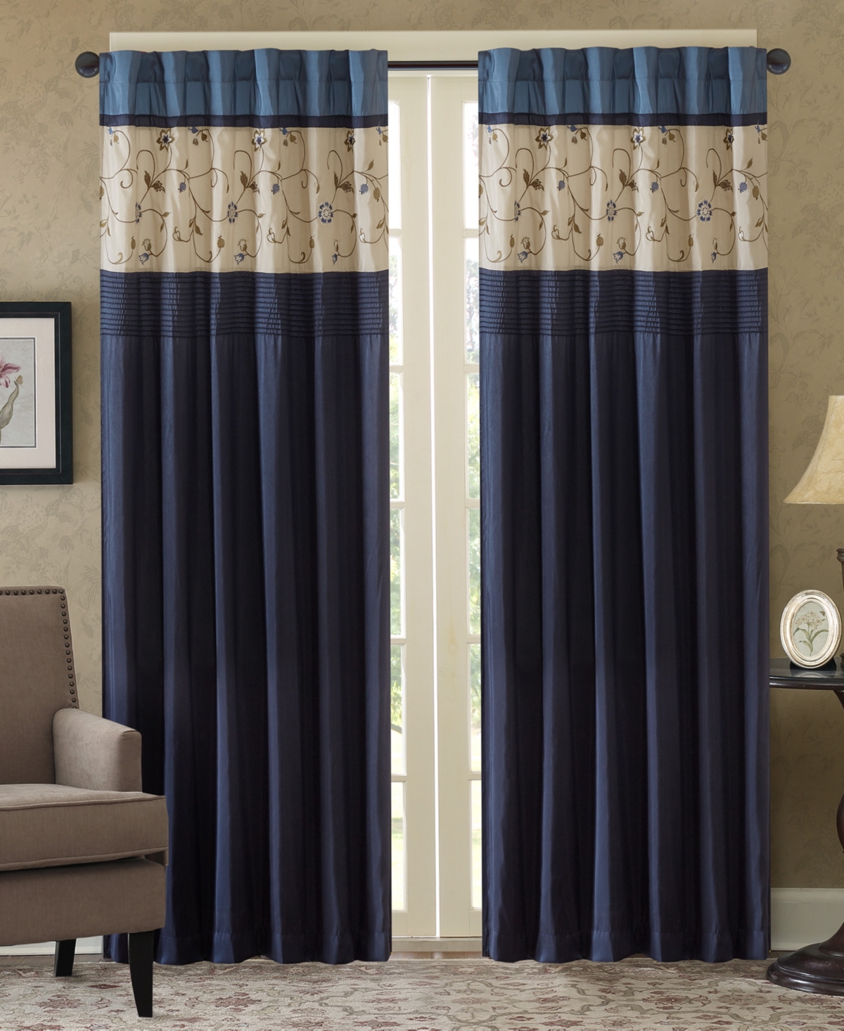 Madison Park Serene Embroidered Curtain Panel In Navy