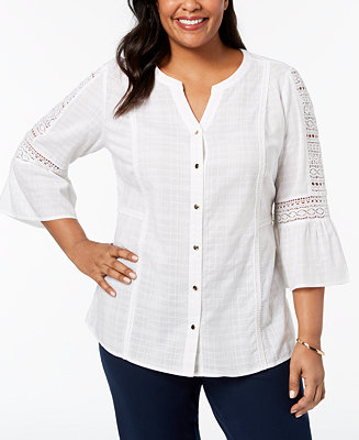 JM Collection Plus Size Cotton Crochet-Sleeve Shirt, Created for Macy's ...