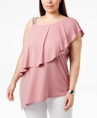 Belldini - Plus Size One-Shoulder Rhinestone Tunic