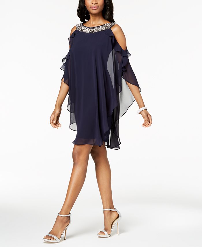 XSCAPE Petite Embellished Cold-Shoulder Overlay Dress - Macy's