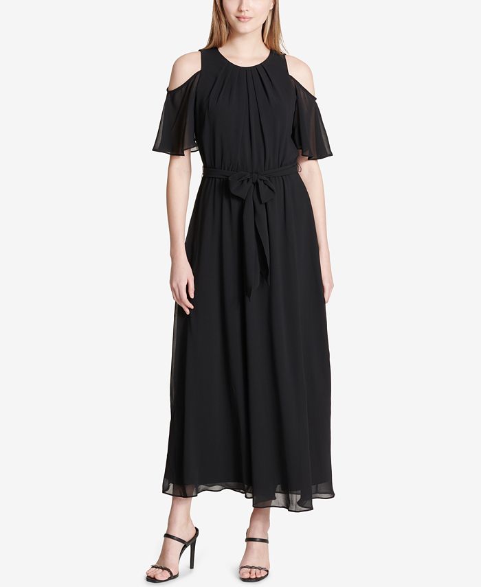 Calvin Klein Cold-Shoulder Belted Maxi Dress - Macy's