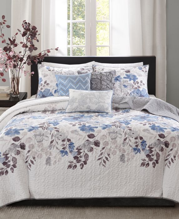 Willow Watercolor Floral Quilted Coverlet Set (King/California King) Blue - 6pc