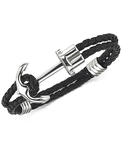Men S Black Braided Leather Anchor Bracelet In Stainless Steel