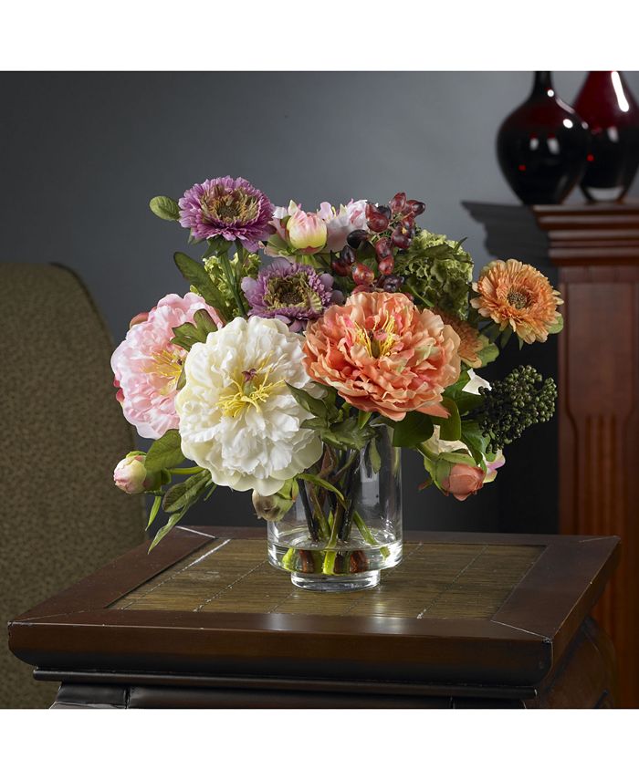 Nearly Natural Artificial Peony Arrangement with Glass Vase Macy's