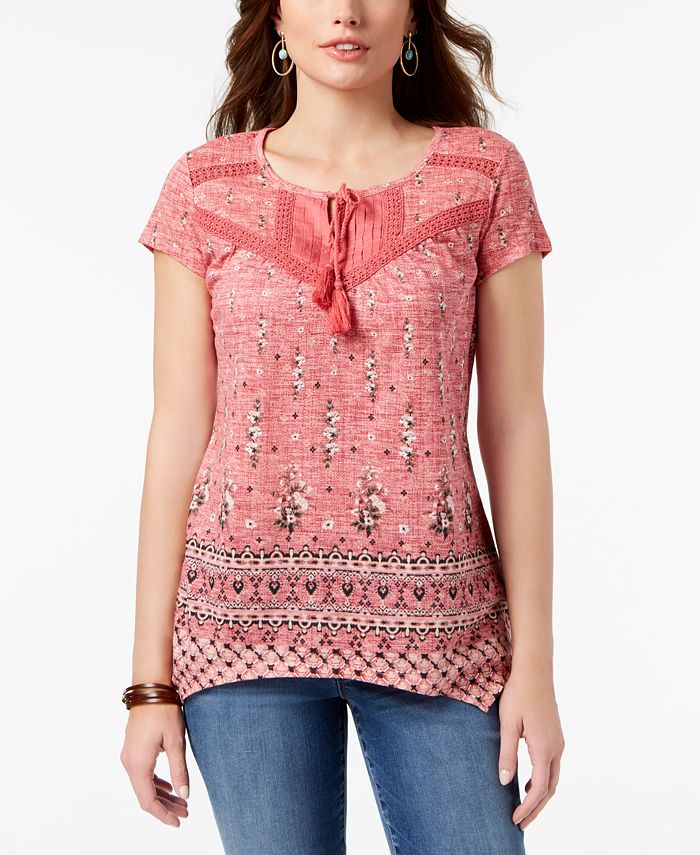 Style & Co Petite Printed Crochet-Trim Top, Created for Macy's - Macy's