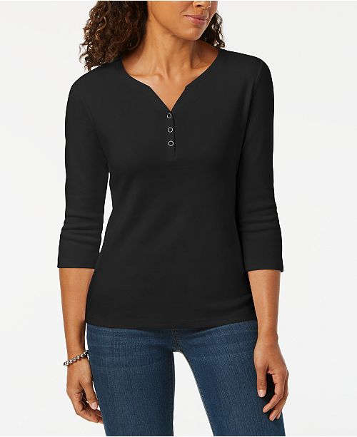 Karen Scott Petite Cotton Henley Top, Created for Macy's & Reviews