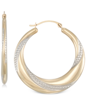 image of Two-Tone Polished & Textured Hoop Earrings in 10k Gold & White Gold