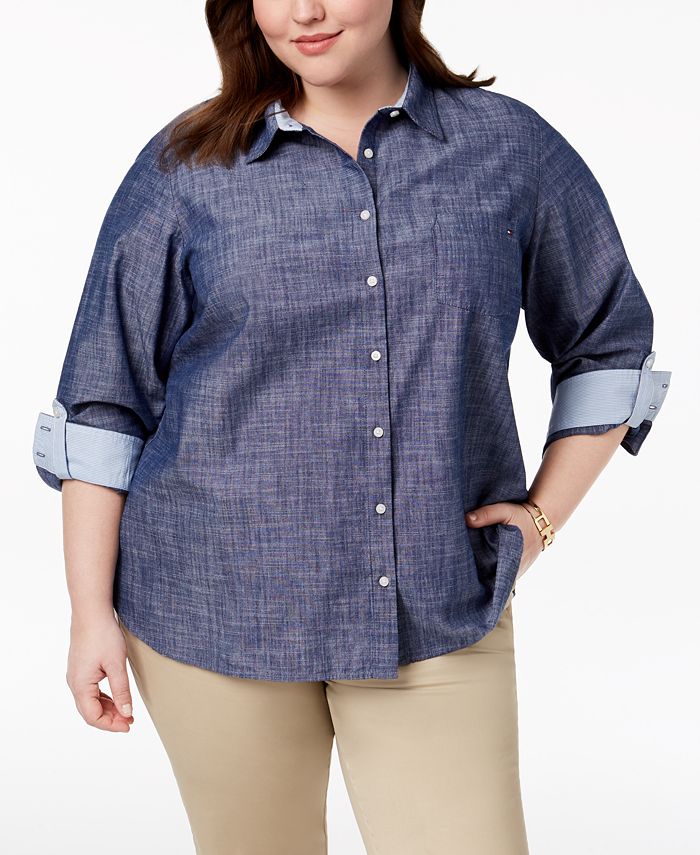 Tommy Hilfiger - Plus Size Cotton Chambray Roll-Sleeve Shirt