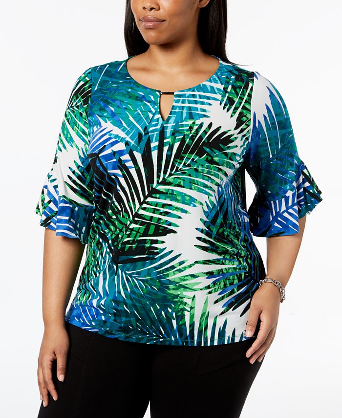 Rachel Roy Women's Printed Short Sleeve Keyhole Top Plus White Size 1X
