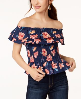 Planet Gold - Juniors' Cotton Off-The-Shoulder Smocked Top