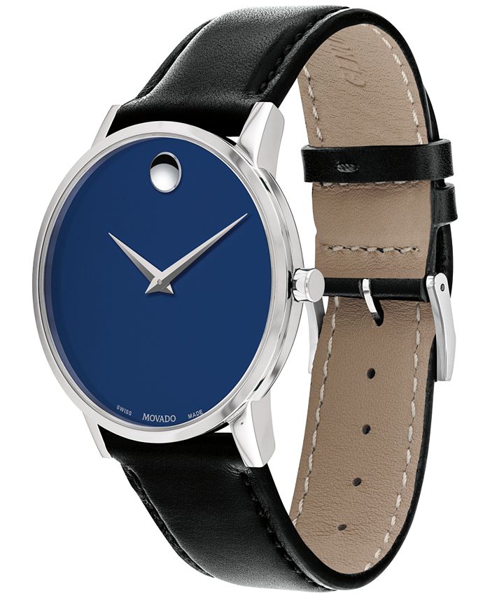 Movado Museum Blue Dial Black Leather Strap Watch For  Men - 2100009