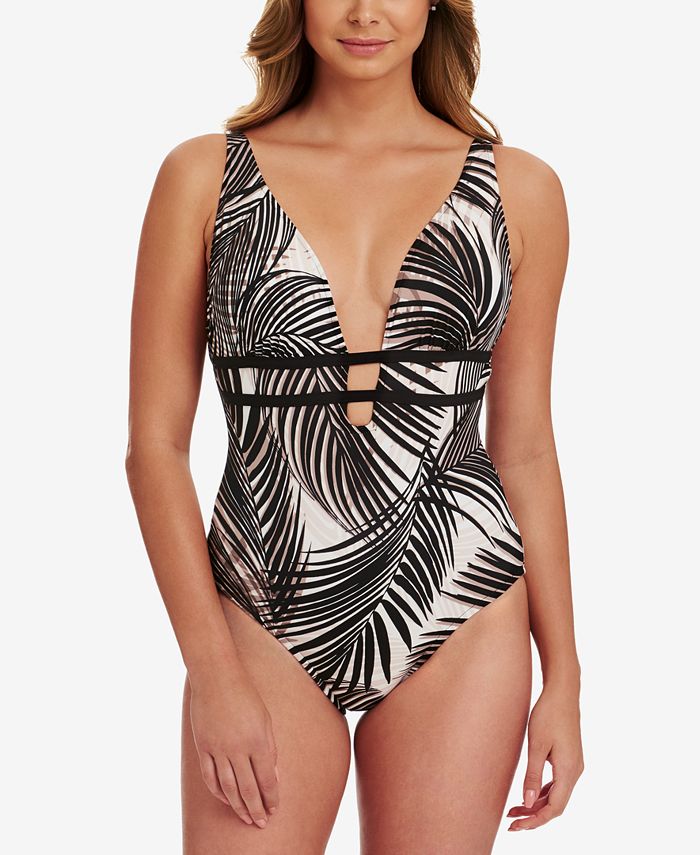 Swim Solutions Swaying Palms Plunge TummyControl OnePiece Swimsuit