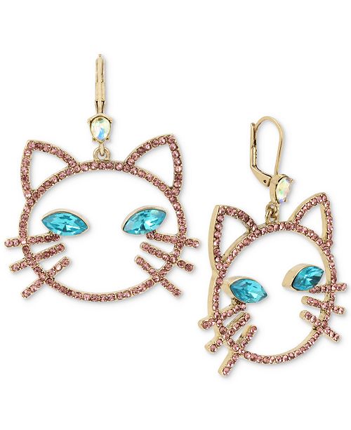 Betsey Johnson Gold Tone Pave Stone Cat Head Drop Earrings