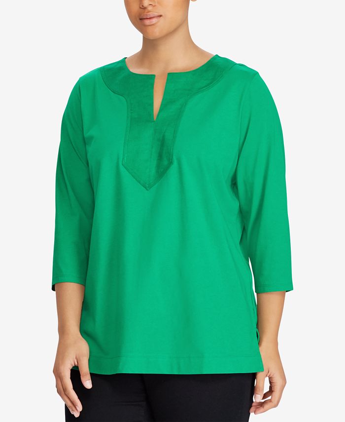 Lauren Ralph Lauren Women's Plus Size Split-Neck Three-Quarter Sleeve  Cotton Tunic - Macy's