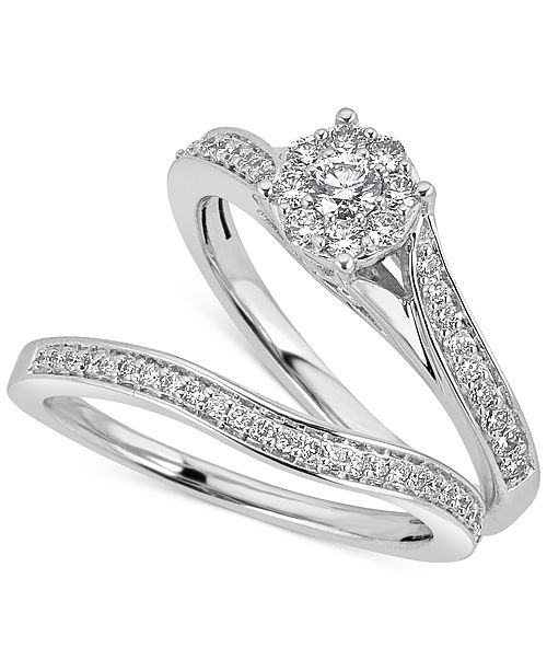 Macy S Diamond Halo Pave Bridal Set 1 2 Ct T W In 14k White