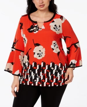 CALVIN KLEIN PLUS SIZE PRINTED BELL-SLEEVE TUNIC