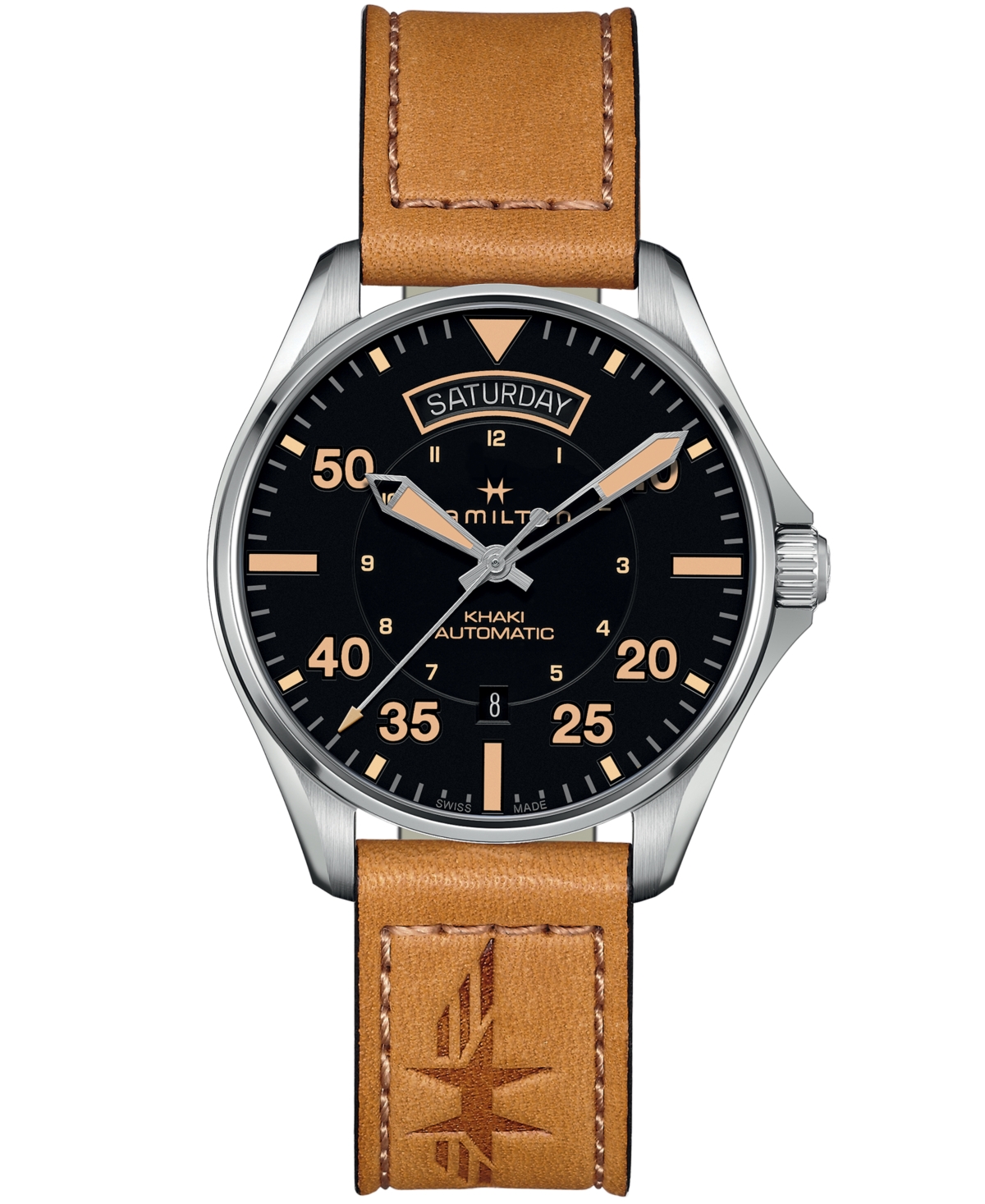 Men's Swiss Automatic Khaki Pilot Brown Leather Strap Watch 42mm