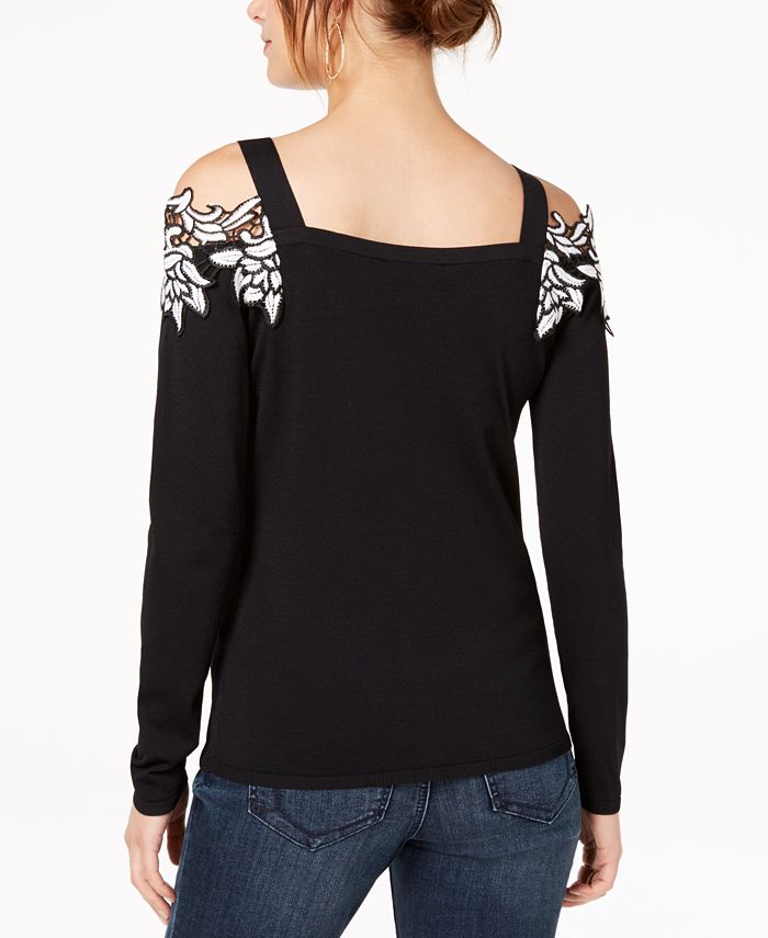 INC International Concepts Women's Cold Shoulder Cable Sleeve Sweater Black Size X-Small