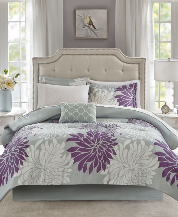 Madison Park 9pc Full Calla Comforter and Cotton Sheet Set Purple: Embroidered, Microfiber, OEKO-TEX Certified