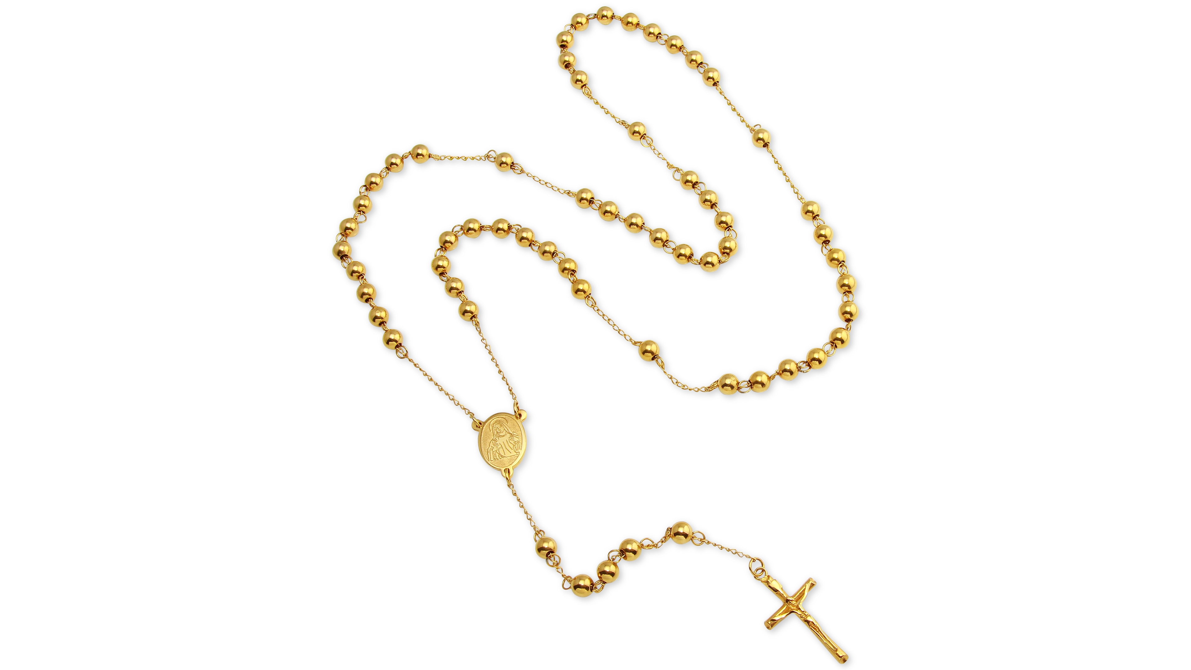 Men's Beaded Cross 28" Rosary Necklace in Yellow Ion-Plated Stainless Steel