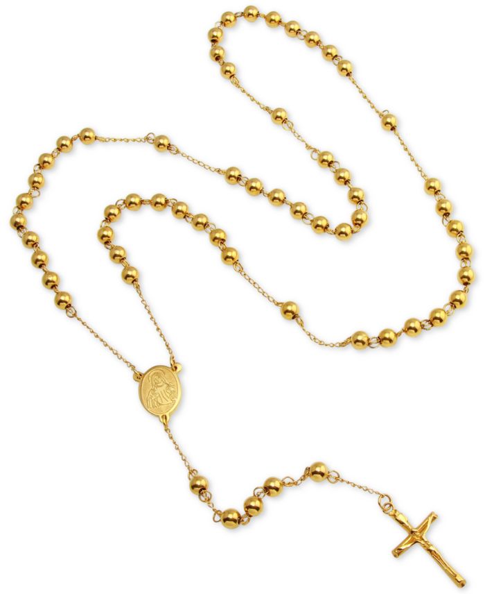 Men's Beaded Cross 28" Rosary Necklace in Yellow Ion-Plated Stainless