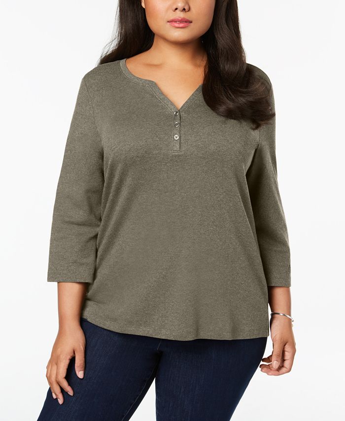 Karen Scott Plus Size Cotton Split-Neck Top, Created for Macy's - Macy's