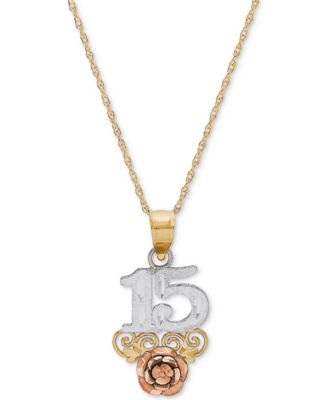 Macy's - Tricolor Quincea&ntilde;era "15" Rose 16" Pendant Necklace in 14k Gold, Rose Gold & Rhodium Plate