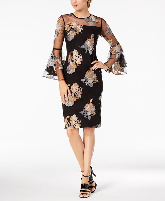 Alex evenings illusion mesh bell sleeve crepe cheap sheath dress