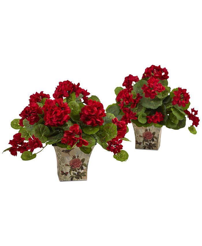 Nearly Natural - 2-Pc. 11" Geranium Flowering Artificial Plant Set in Floral Planters