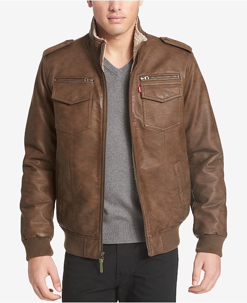 Levi's Men's Faux-Leather Aviator Bomber Jacket with Fleece Lining ...