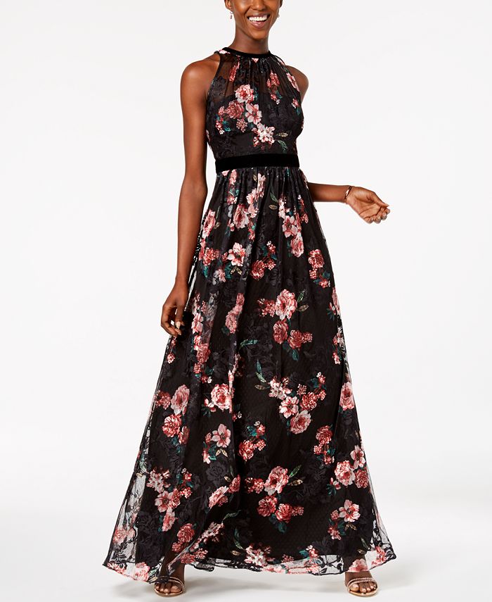 Adrianna Papell Embroidered Velvet-Trim Gown - Macy's
