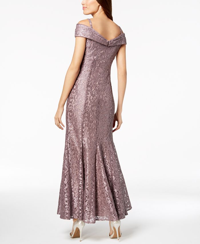 R & M Richards Women's Off-The-Shoulder  Lace Gown Beige Size 8 Petite