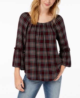 BCX - Juniors' Off-The-Shoulder Plaid Top